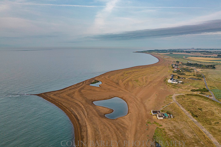 Drone view of the shingle beach at Shingle Street, Suffolk