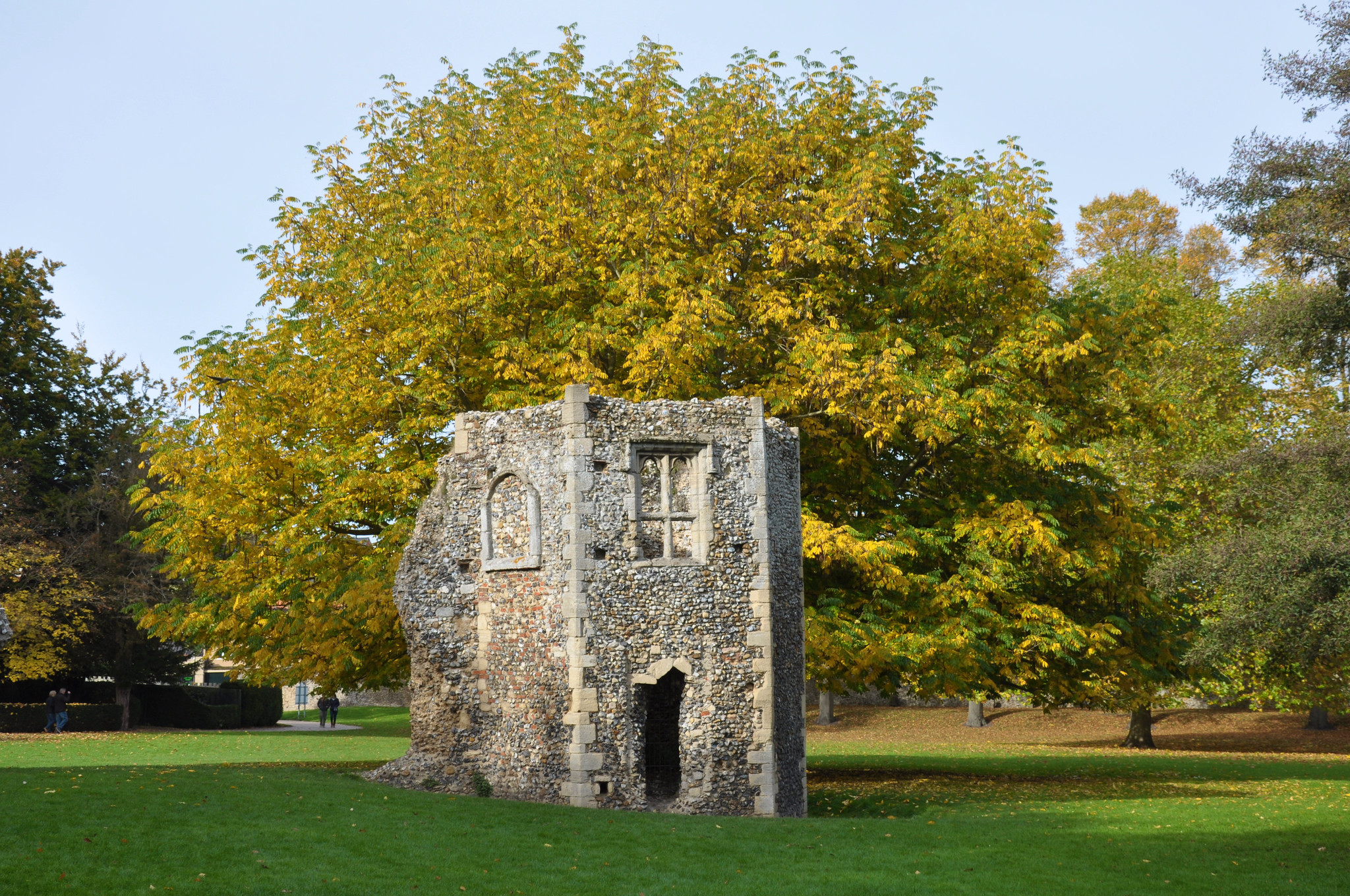 Remains of a flint building, with an early autumn tree behind it within a park.