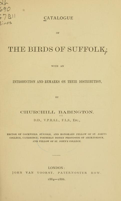 Catalogue of the Birds of Suffolk with an introduction and remarks on their distribution cover