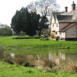 Grassy area with a pond in the middle an a house in the background